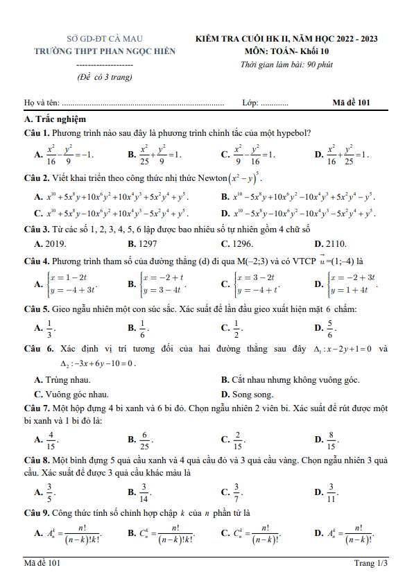 Đề cuối kỳ 2 Toán 10 năm 2022 2023 trường THPT Phan Ngọc Hiển Cà Mau