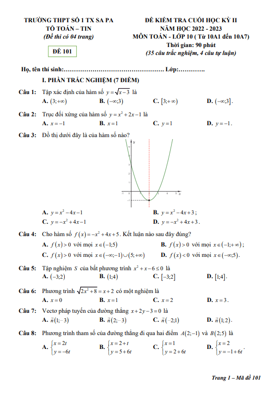 Đề cuối kỳ 2 Toán 10 năm 2022 2023 trường THPT số 1 TX Sa Pa Lào Cai