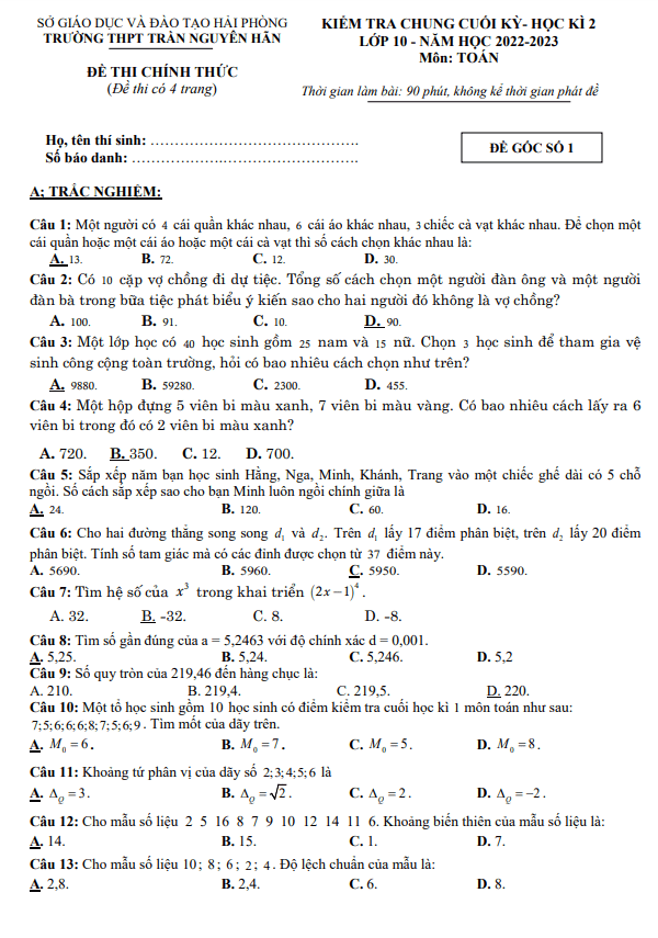 Đề cuối kỳ 2 Toán 10 năm 2022 2023 trường THPT Trần Nguyên Hãn Hải Phòng