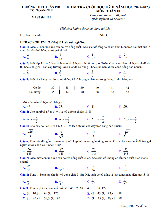 Đề cuối kỳ 2 Toán 10 năm 2022 2023 trường THPT Trần Phú Phú Yên