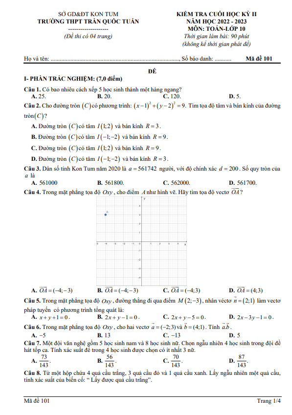 Đề cuối kỳ 2 Toán 10 năm 2022 2023 trường THPT Trần Quốc Tuấn Kon Tum