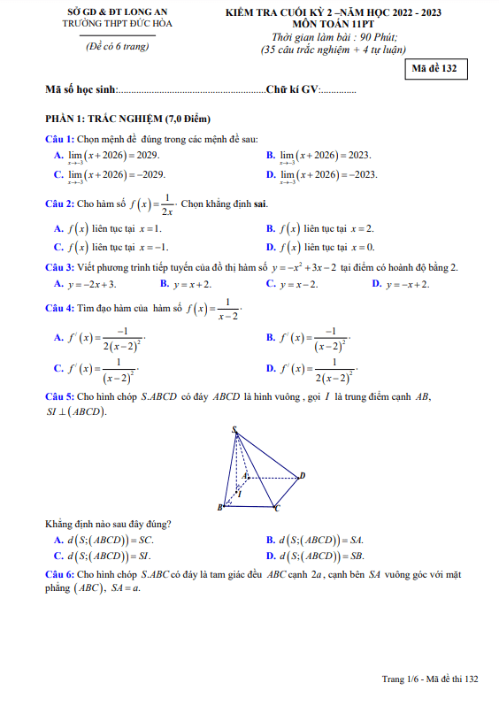 Đề cuối kỳ 2 Toán 11 năm 2022 2023 trường THPT Đức Hòa Long An