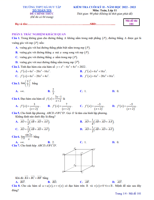 Đề cuối kỳ 2 Toán 11 năm 2022 2023 trường THPT Hà Huy Tập Nghệ An