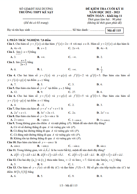 Đề cuối kỳ 2 Toán 11 năm 2022 2023 trường THPT Kẻ Sặt Hải Dương