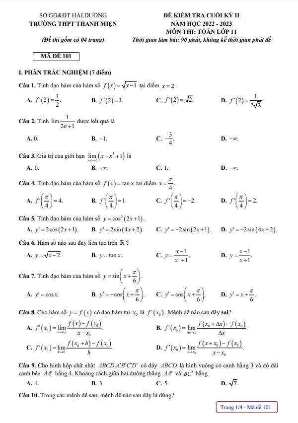 Đề cuối kỳ 2 Toán 11 năm 2022 2023 trường THPT Thanh Miện Hải Dương