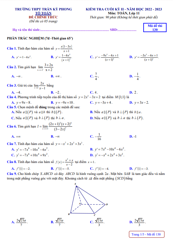 Đề cuối kỳ 2 Toán 11 năm 2022 2023 trường THPT Trần Kỳ Phong Quảng Ngãi
