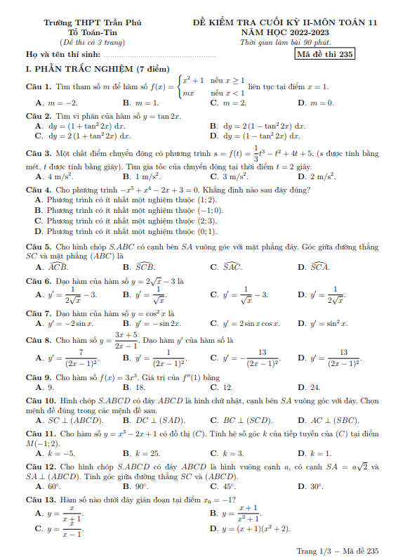 Đề cuối kỳ 2 Toán 11 năm 2022 2023 trường THPT Trần Phú Phú Yên