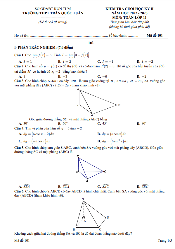 Đề cuối kỳ 2 Toán 11 năm 2022 2023 trường THPT Trần Quốc Tuấn Kon Tum