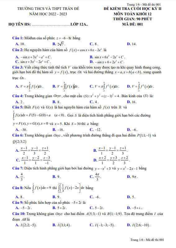 Đề cuối kỳ 2 Toán 12 năm 2022 2023 trường THCS THPT Trần Đề Sóc Trăng