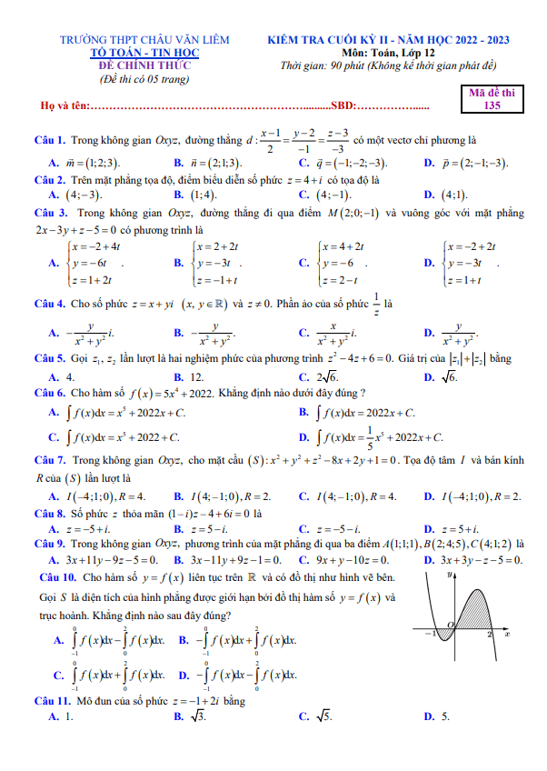 Đề cuối kỳ 2 Toán 12 năm 2022 2023 trường THPT Châu Văn Liêm Cần Thơ