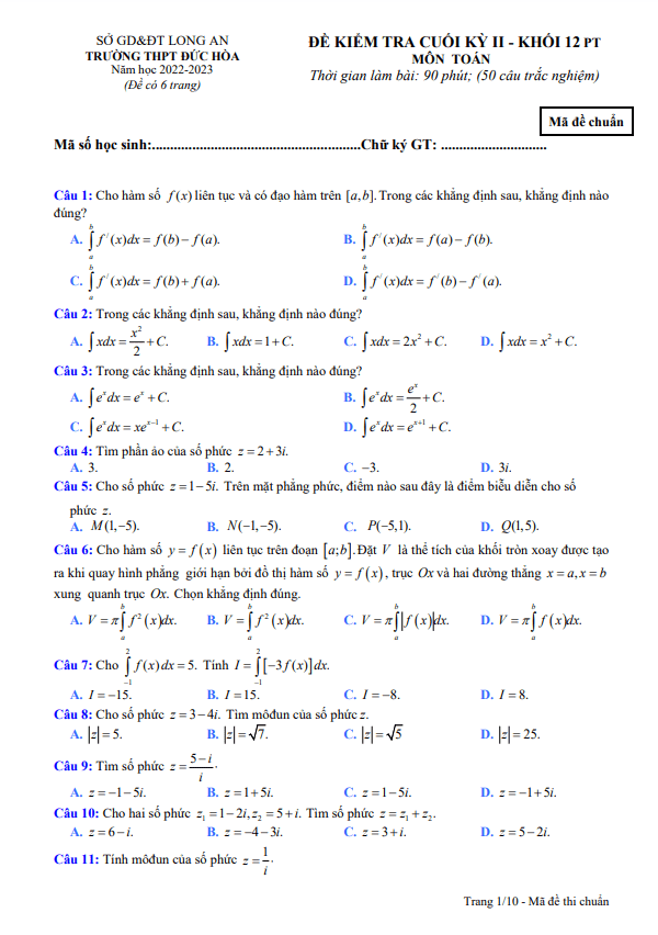 Đề cuối kỳ 2 Toán 12 năm 2022 2023 trường THPT Đức Hòa Long An