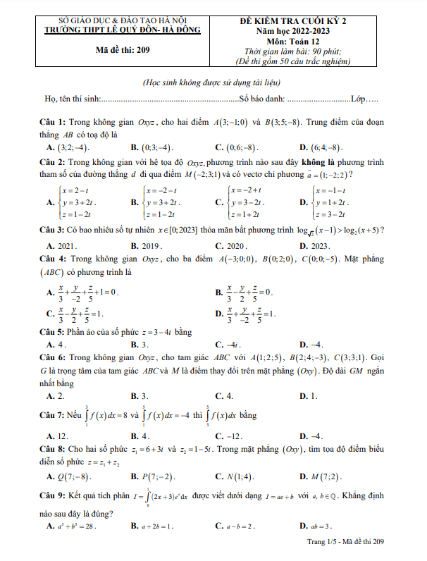 Đề cuối kỳ 2 Toán 12 năm 2022 2023 trường THPT Lê Quý Đôn Hà Nội