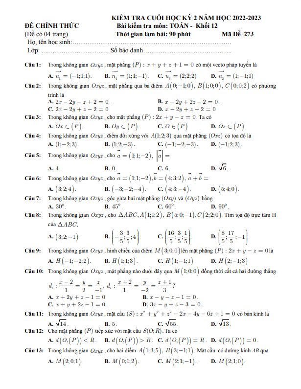 Đề cuối kỳ 2 Toán 12 năm 2022 2023 trường THPT Nguyễn Tất Thành TP HCM