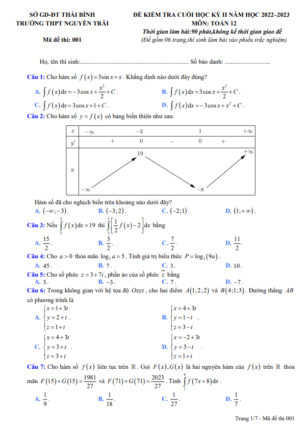 Đề cuối kỳ 2 Toán 12 năm 2022 2023 trường THPT Nguyễn Trãi Thái Bình