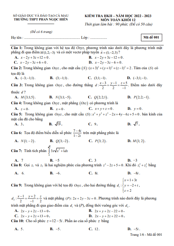 Đề cuối kỳ 2 Toán 12 năm 2022 2023 trường THPT Phan Ngọc Hiển Cà Mau
