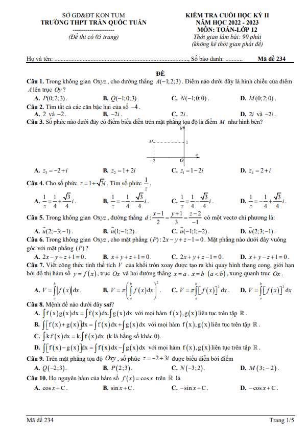 Đề cuối kỳ 2 Toán 12 năm 2022 2023 trường THPT Trần Quốc Tuấn Kon Tum