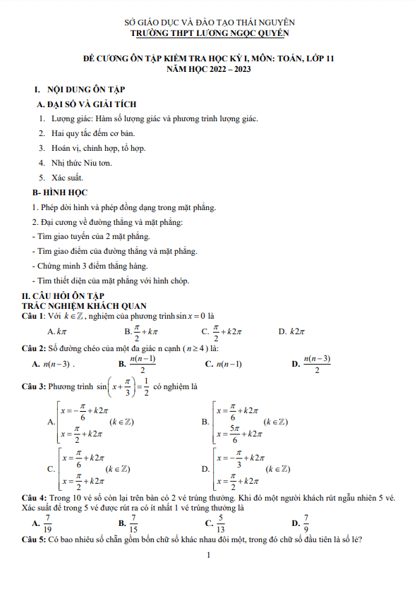 Đề cương cuối kỳ 1 Toán 11 năm 2022 2023 THPT Lương Ngọc Quyến Thái Nguyên
