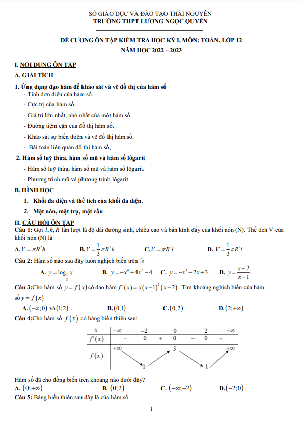 Đề cương cuối kỳ 1 Toán 12 năm 2022 2023 THPT Lương Ngọc Quyến Thái Nguyên