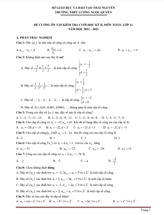 Đề cương cuối kỳ 2 Toán 11 năm 2022 2023 THPT Lương Ngọc Quyến Thái Nguyên