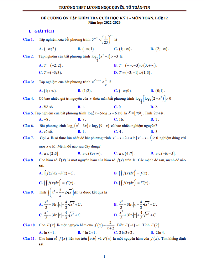 Đề cương cuối kỳ 2 Toán 12 năm 2022 2023 THPT Lương Ngọc Quyến Thái Nguyên
