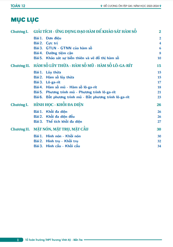 Đề cương giữa kì 1 Toán 12 năm 2023 2024 trường THPT Trương Vĩnh Ký Bến Tre