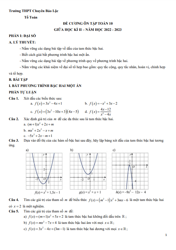 Đề cương giữa kì 2 Toán 10 năm 2022 2023 trường chuyên Bảo Lộc Lâm Đồng