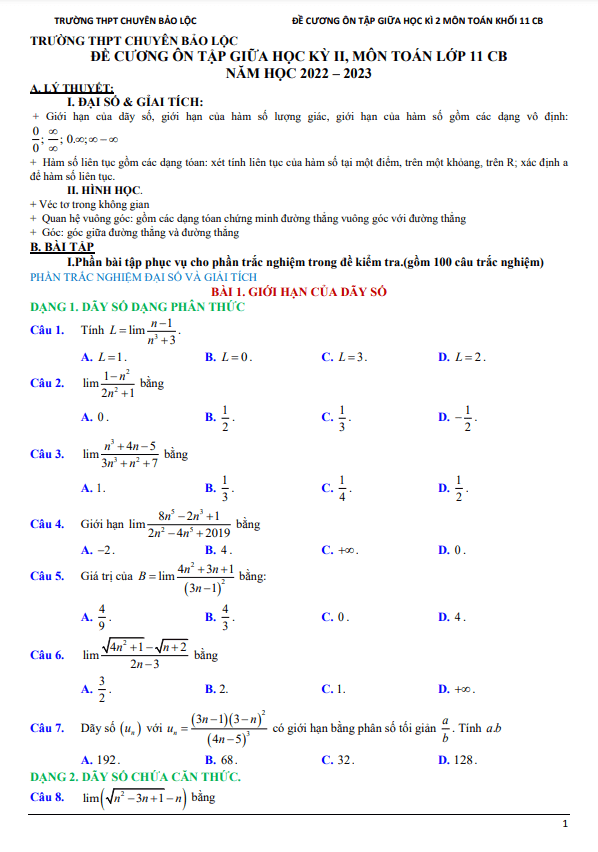 Đề cương giữa kì 2 Toán 11 năm 2022 2023 trường chuyên Bảo Lộc Lâm Đồng