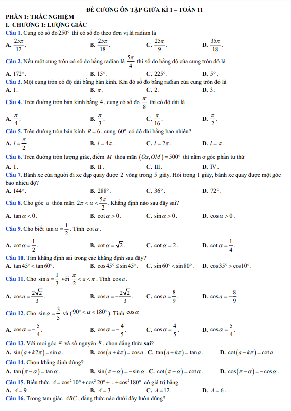 Đề cương giữa kỳ 1 Toán 11 năm 2023 2024 trường Bùi Thị Xuân Lâm Đồng