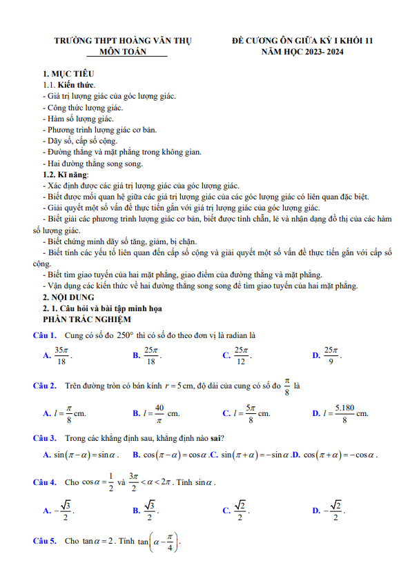 Đề cương giữa kỳ 1 Toán 11 năm 2023 2024 trường Hoàng Văn Thụ Hà Nội