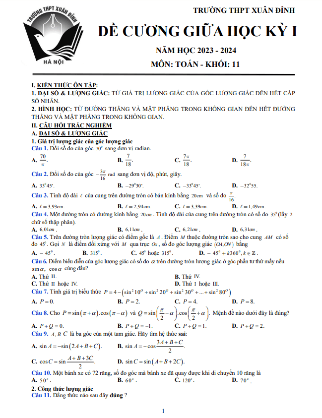 Đề cương giữa kỳ 1 Toán 11 năm 2023 2024 trường THPT Xuân Đỉnh Hà Nội