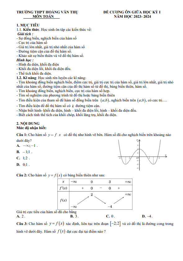 Đề cương giữa kỳ 1 Toán 12 năm 2023 2024 trường Hoàng Văn Thụ Hà Nội