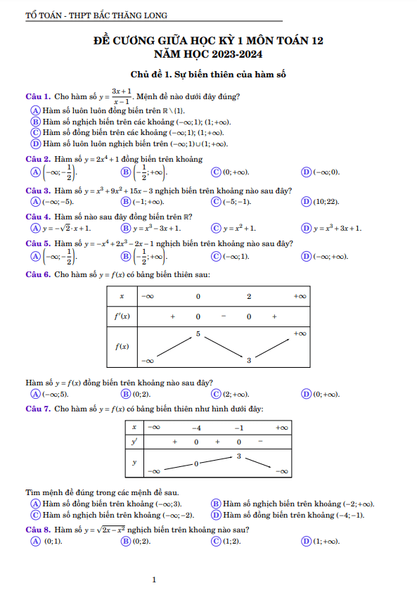 Đề cương giữa kỳ 1 Toán 12 năm 2023 2024 trường THPT Bắc Thăng Long Hà Nội