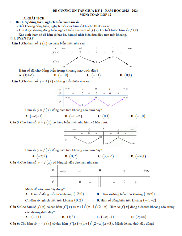 Đề cương giữa kỳ 1 Toán 12 năm 2023 2024 trường THPT Khâm Đức Quảng Nam