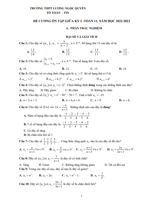 Đề cương giữa kỳ 2 Toán 11 năm 2022 2023 THPT Lương Ngọc Quyến Thái Nguyên