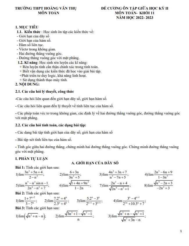 Đề cương giữa kỳ 2 Toán 11 năm 2022 2023 trường Hoàng Văn Thụ Hà Nội
