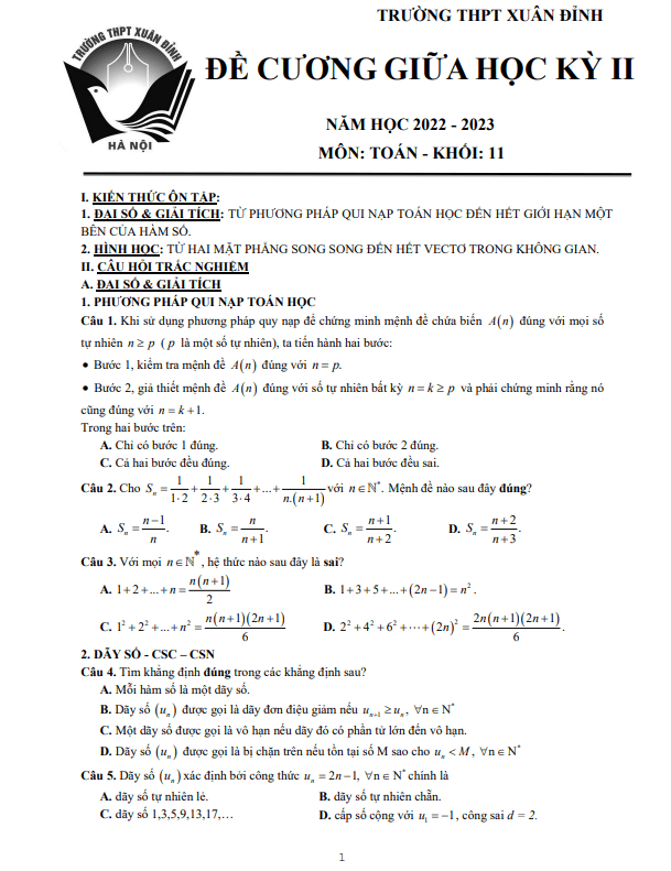Đề cương giữa kỳ 2 Toán 11 năm 2022 2023 trường THPT Xuân Đỉnh Hà Nội