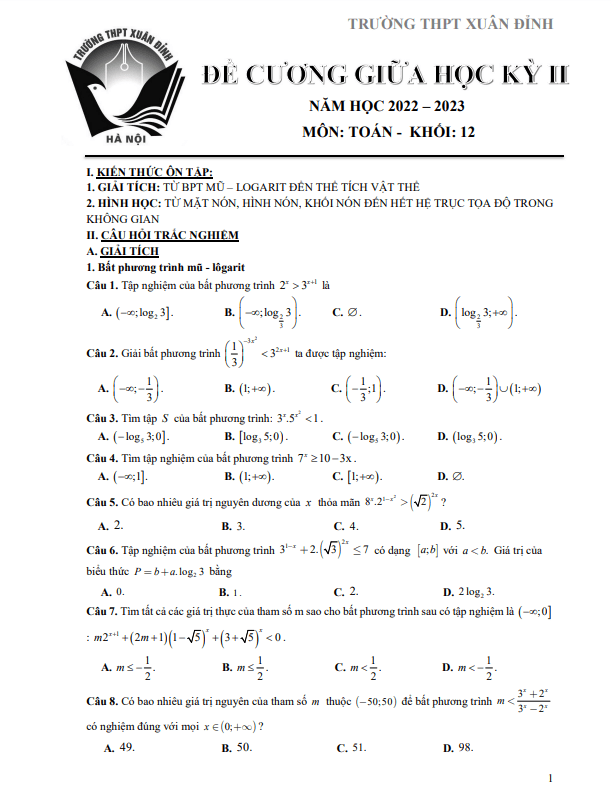 Đề cương giữa kỳ 2 Toán 12 năm 2022 2023 trường THPT Xuân Đỉnh Hà Nội