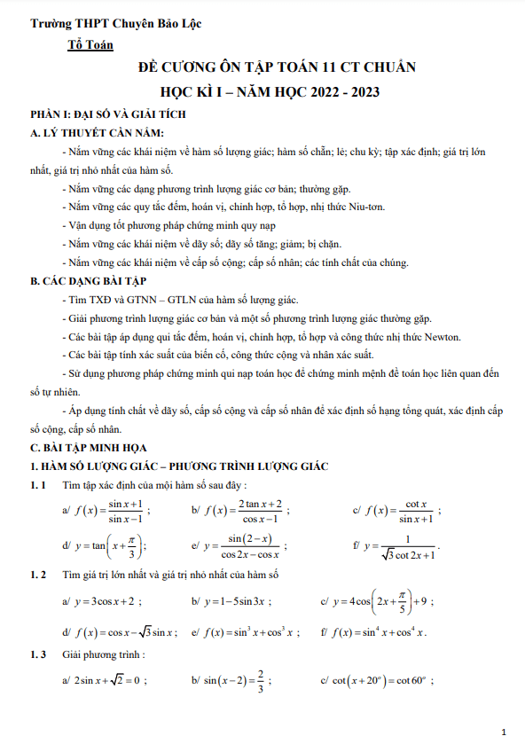 Đề cương học kì 1 Toán 11 năm 2022 2023 trường chuyên Bảo Lộc Lâm Đồng