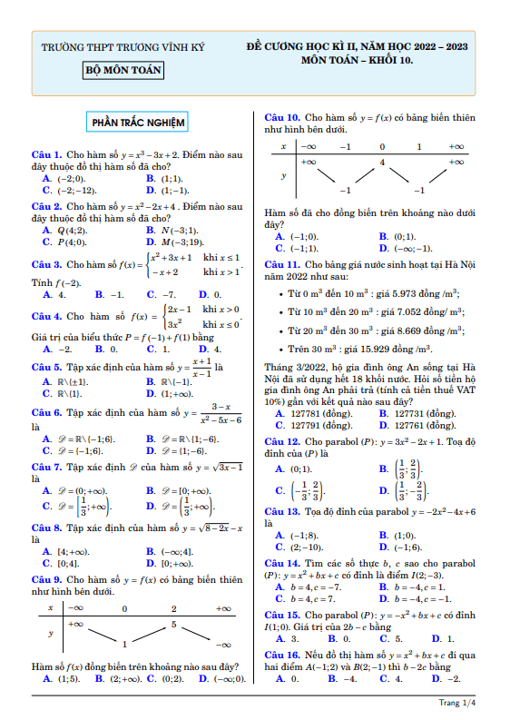 Đề cương học kì 2 Toán 10 năm 2022 2023 trường THPT Trương Vĩnh Ký Bến Tre
