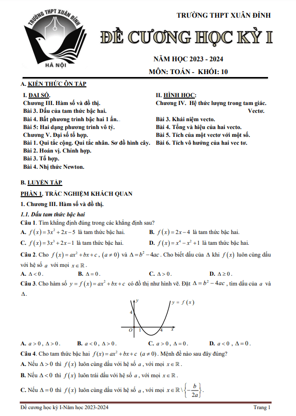 Đề cương học kỳ 1 Toán 10 năm 2023 2024 trường THPT Xuân Đỉnh Hà Nội