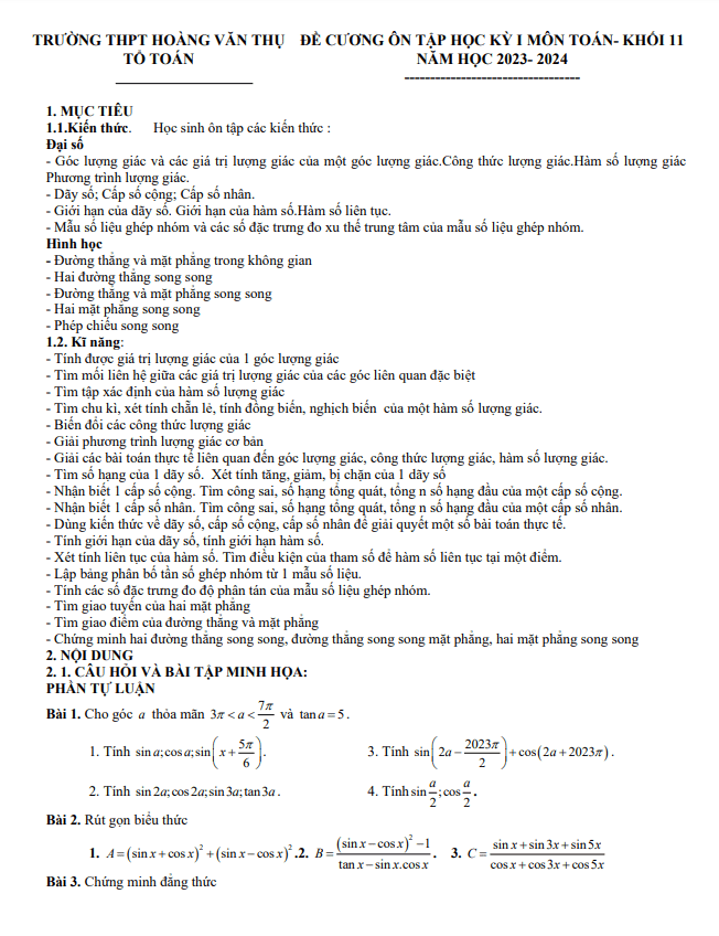 Đề cương học kỳ 1 Toán 11 năm 2023 2024 trường THPT Hoàng Văn Thụ Hà Nội