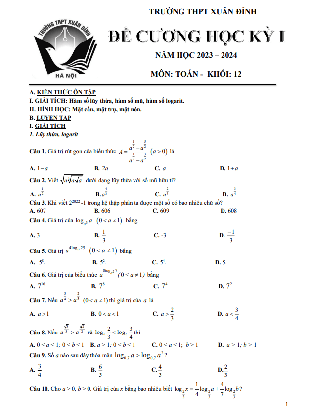 Đề cương học kỳ 1 Toán 12 năm 2023 2024 trường THPT Xuân Đỉnh Hà Nội