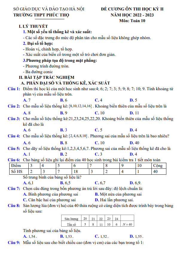 Đề cương học kỳ 2 Toán 10 năm 2022 2023 trường THPT Phúc Thọ Hà Nội
