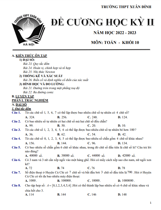 Đề cương học kỳ 2 Toán 10 năm 2022 2023 trường THPT Xuân Đỉnh Hà Nội