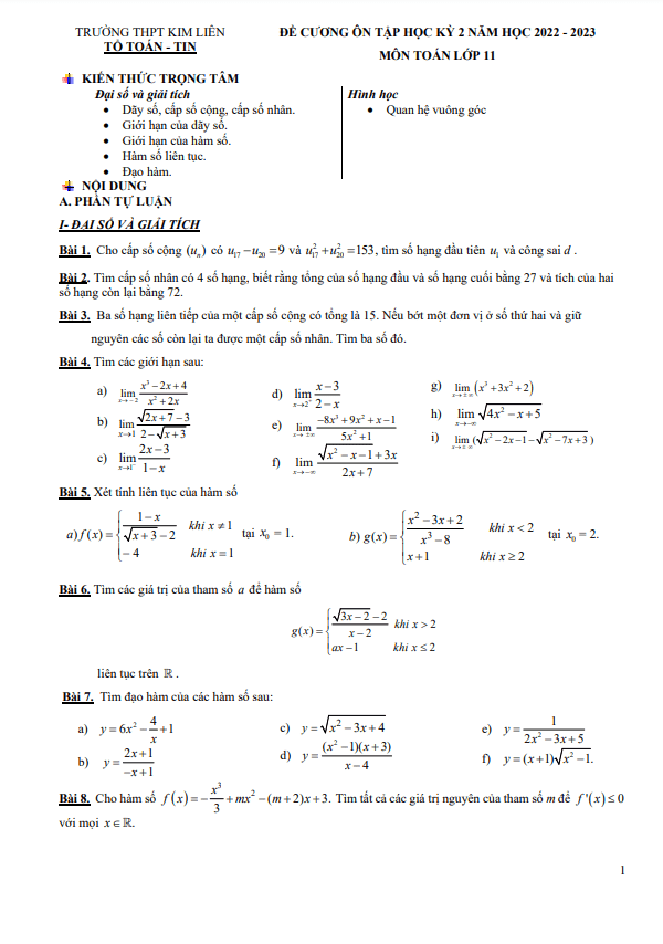 Đề cương học kỳ 2 Toán 11 năm 2022 2023 trường THPT Kim Liên Hà Nội