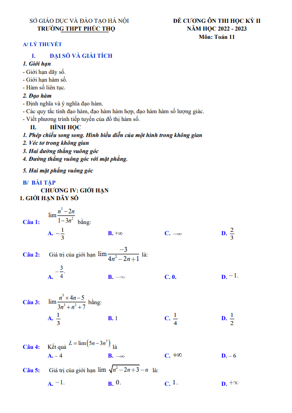 Đề cương học kỳ 2 Toán 11 năm 2022 2023 trường THPT Phúc Thọ Hà Nội