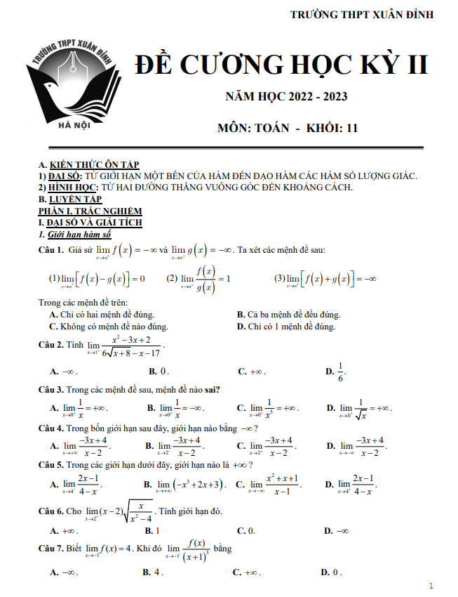 Đề cương học kỳ 2 Toán 11 năm 2022 2023 trường THPT Xuân Đỉnh Hà Nội