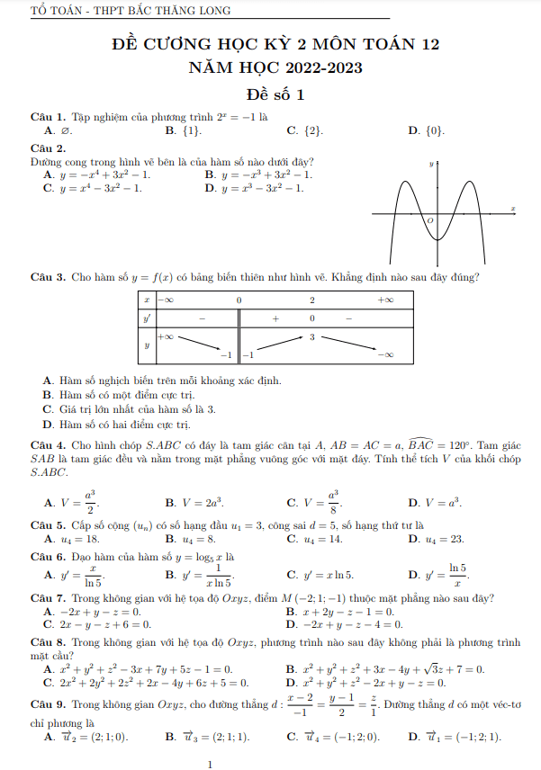 Đề cương học kỳ 2 Toán 12 năm 2022 2023 trường THPT Bắc Thăng Long Hà Nội