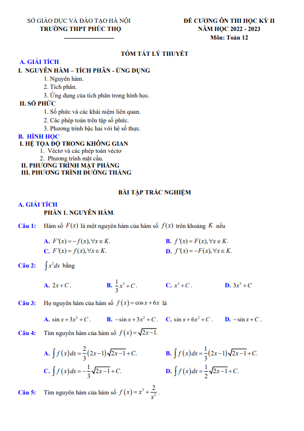 Đề cương học kỳ 2 Toán 12 năm 2022 2023 trường THPT Phúc Thọ Hà Nội