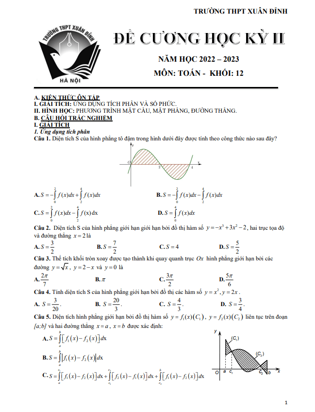 Đề cương học kỳ 2 Toán 12 năm 2022 2023 trường THPT Xuân Đỉnh Hà Nội